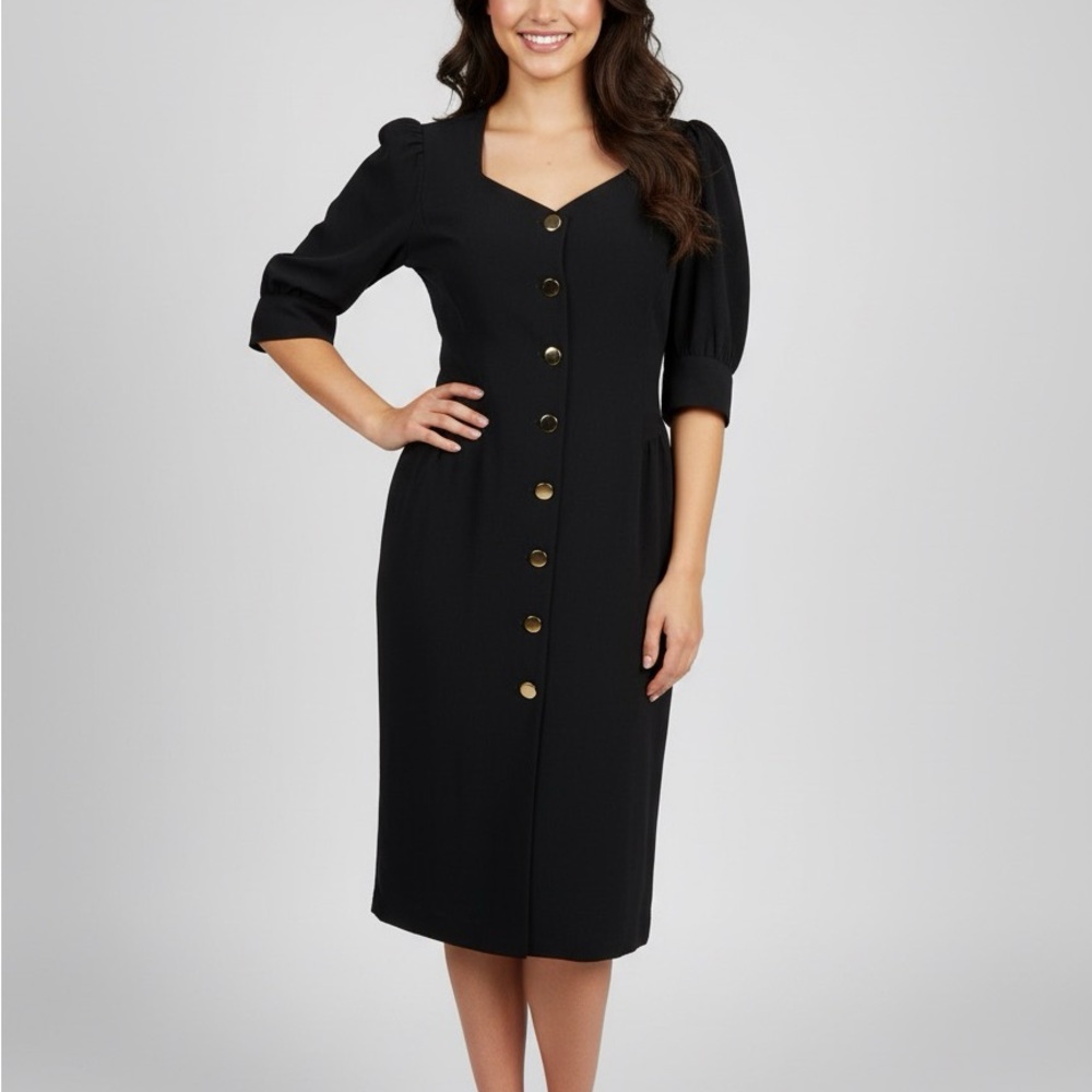 Escada Sheath Shirt Dress Short Sleeve Wool Gold Button Down Black 40 10 Vintage